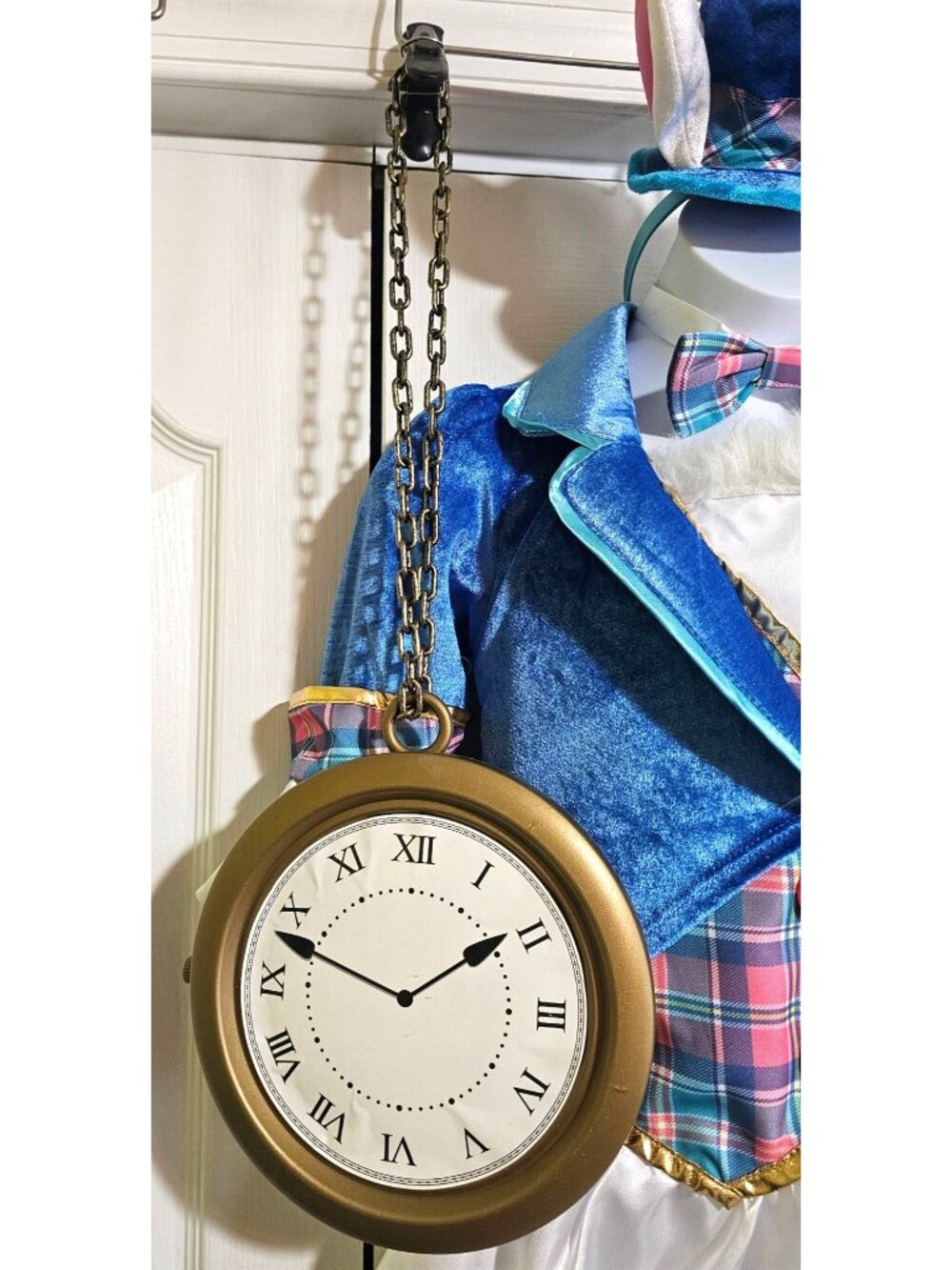 White Rabbit Down the Rabbit Hole Costume Girl 8 Dress Ear Hat Clock Watch Prop - Picture 9 of 10